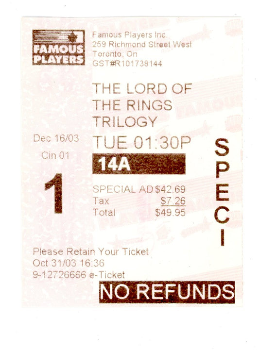 Lord of the Rings Trilogy Movie Ticket Stub Famous Players (Toronto, 2003)
