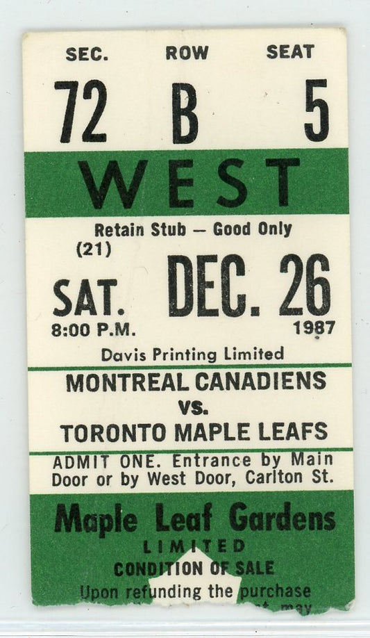 Montreal Canadiens vs. Toronto Maple Leafs Vintage Ticket Stub Maple Leaf Gardens 1987