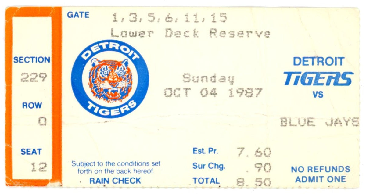 Detroit Tigers vs. Toronto Blue Jays Vintage Ticket Stub Tiger Stadium (Detroit, October 4 1987) Playoff Clinch