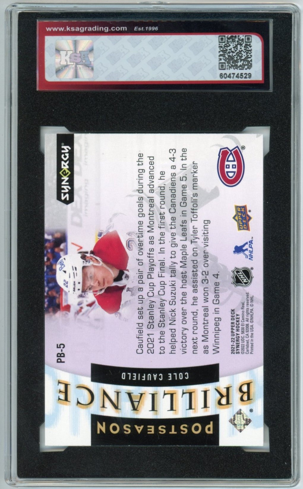 2021/22 Upper Deck Synergy Cole Caufield Postseason Brilliance Graded Card #PB-5 KSA 9