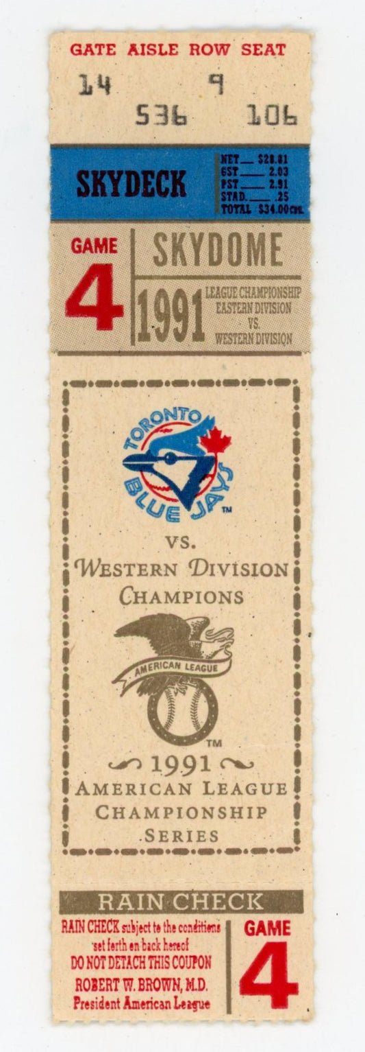 Toronto Blue Jays vs. Minnesota Twins ALCS Game 4 Vintage Ticket Stub Skydome (Toronto, 1991)