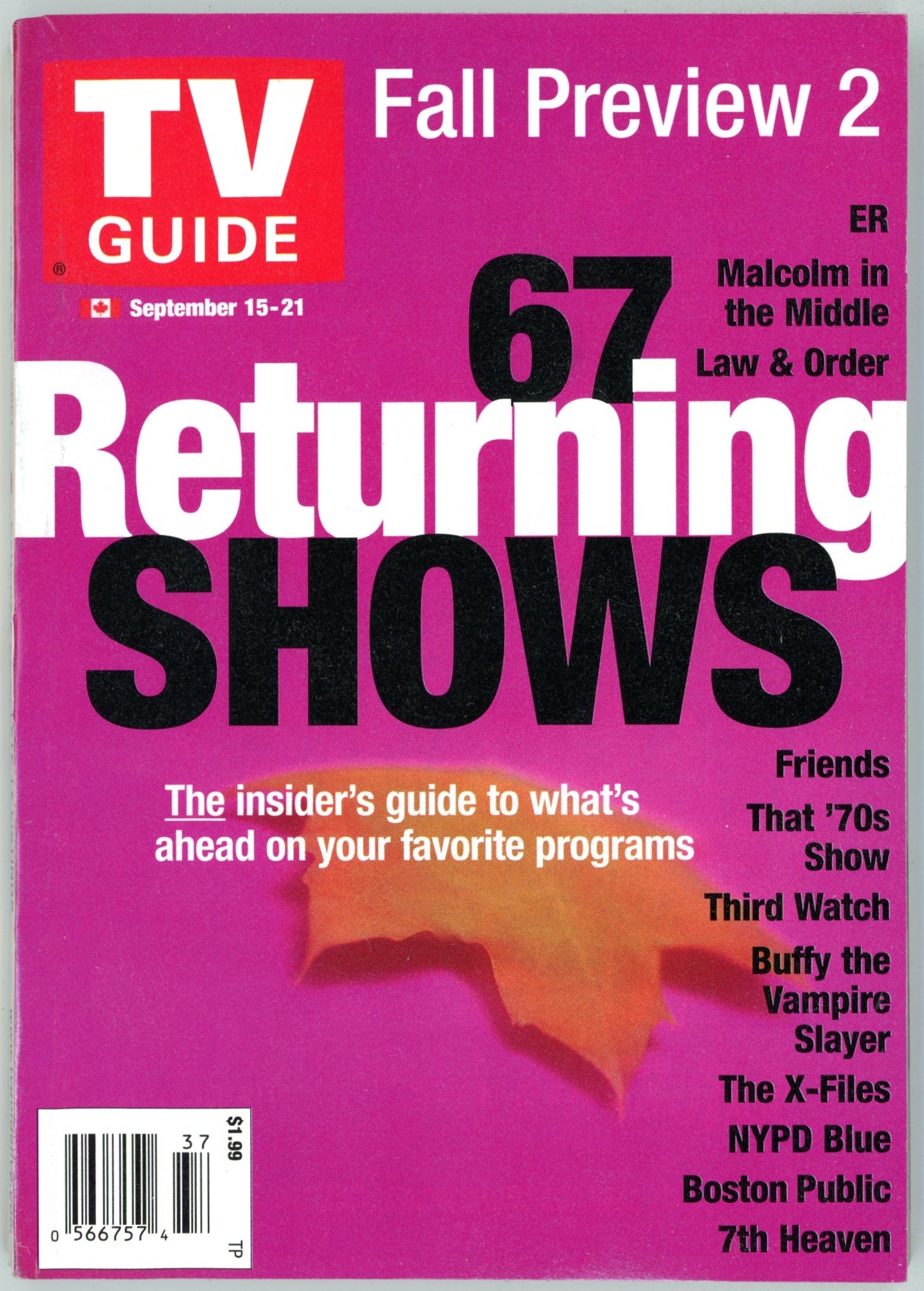 TV Guide Canada Vintage Magazine (September 15-21 2001) Newsstand Fall Preview 2