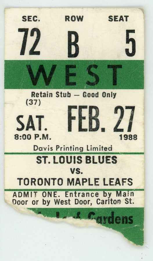 St. Louis Blues vs. Toronto Maple Leafs Vintage Ticket Stub Maple Leaf Gardens 1988 Doug Gilmour