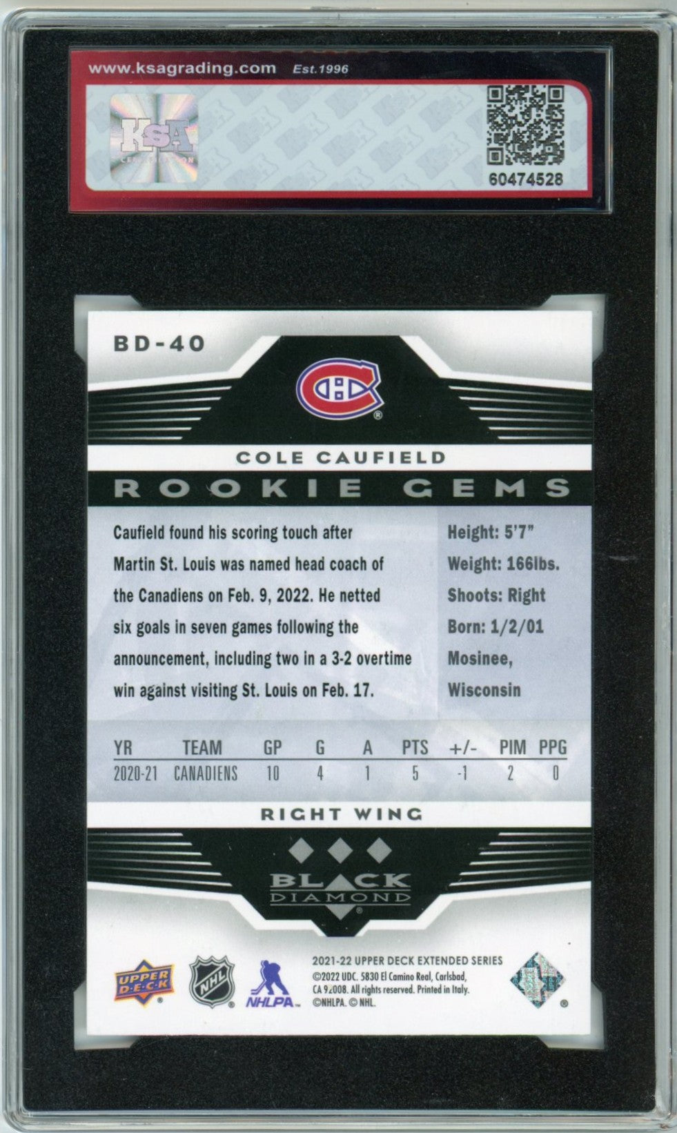2021/22 Upper Deck Extended Cole Caufield Black Diamond Retro Graded Card #BD-40 KSA 9