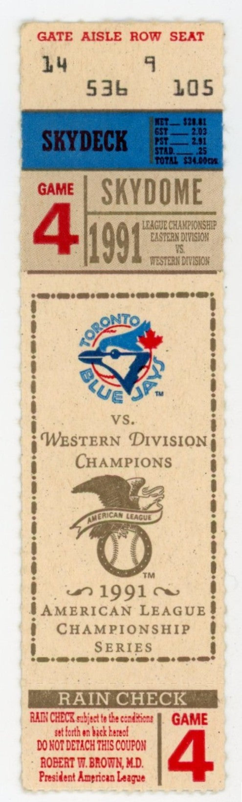 Toronto Blue Jays vs. Minnesota Twins ALCS Game 4 Vintage Stub Skydome (Toronto, 1991)