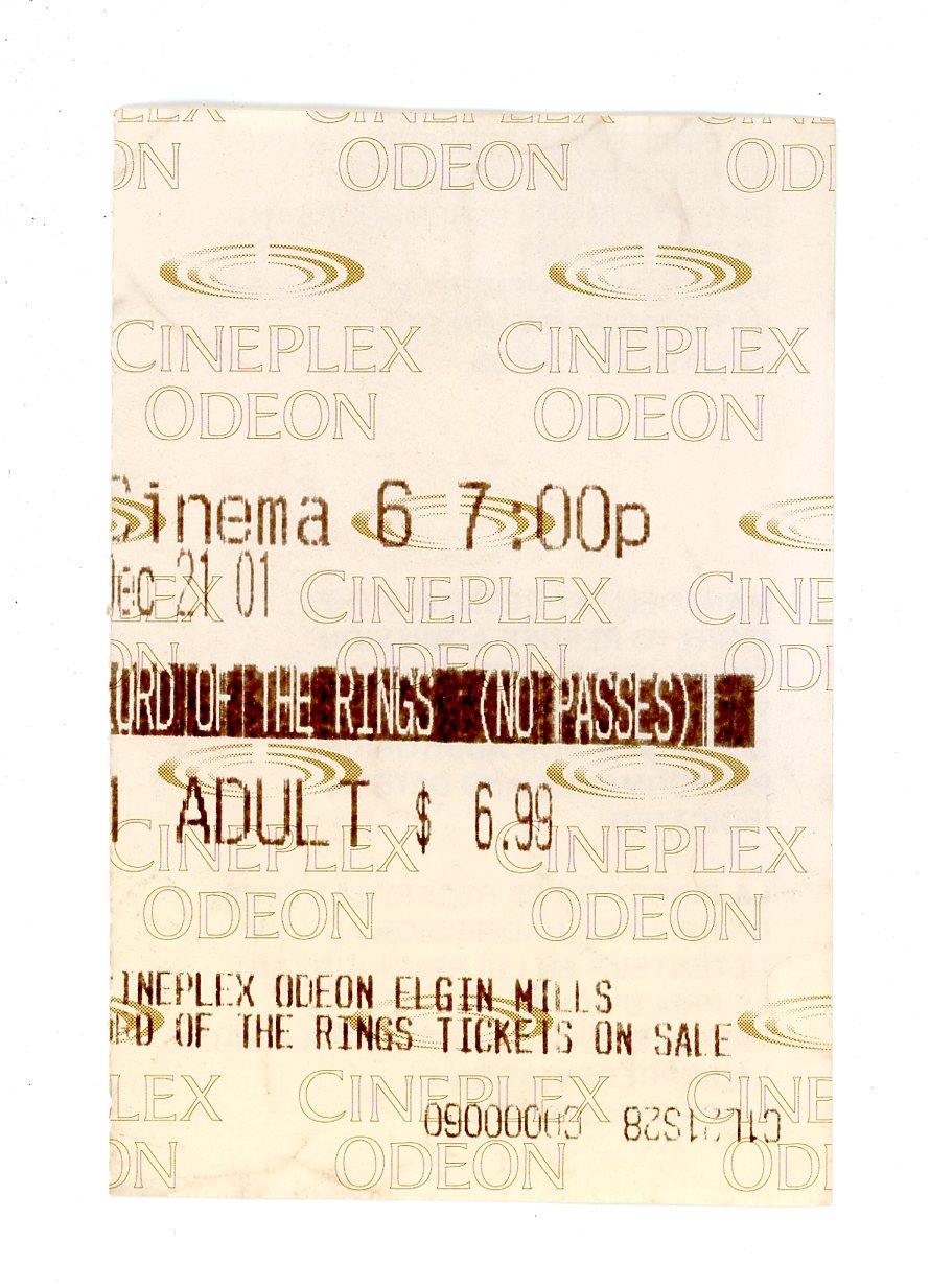 Lord of the Rings Movie Ticket Stub Cineplex Odeon (Toronto, 2001)