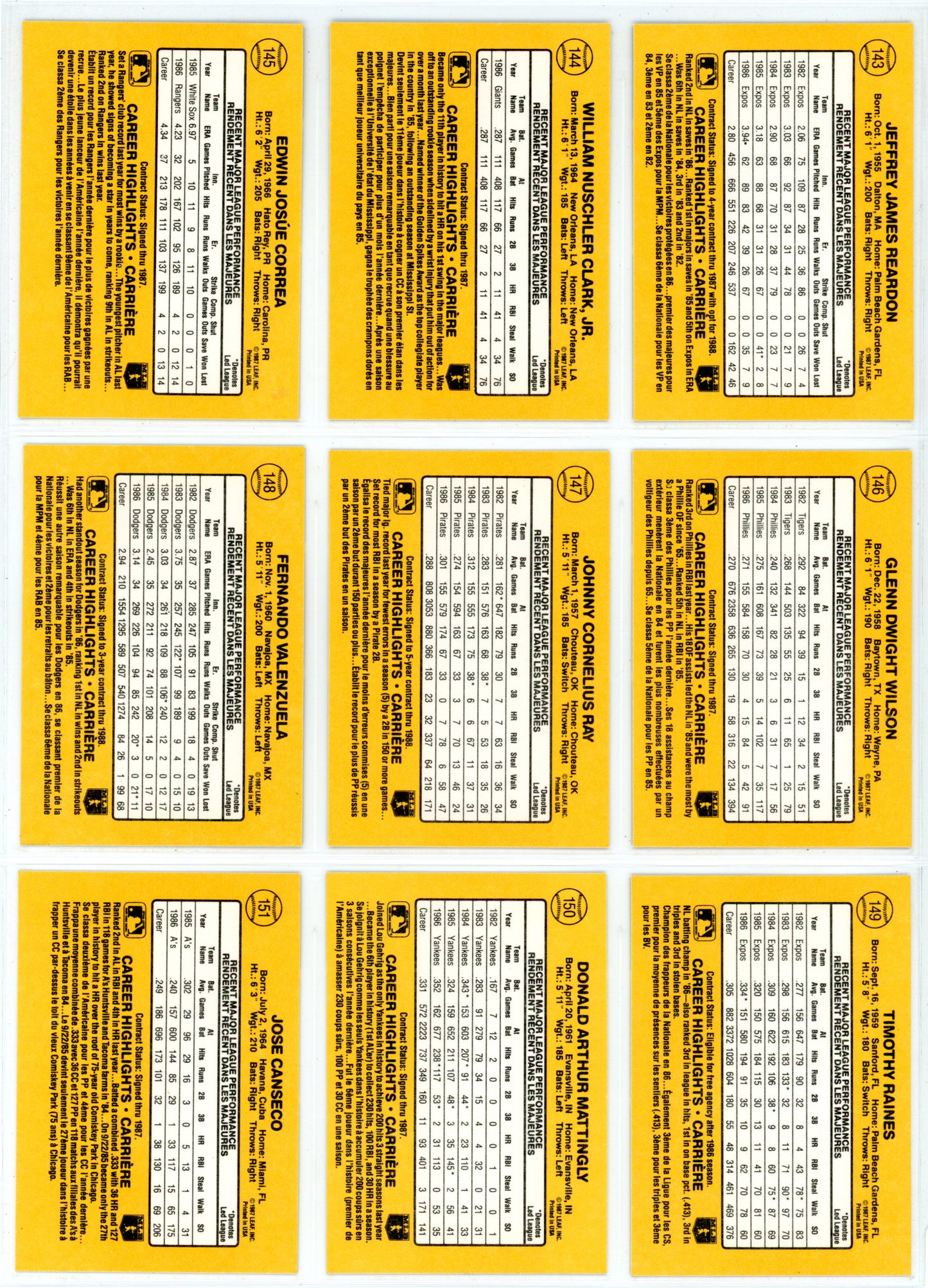 1987 Leaf Baseball Card Complete Set (264 Cards) + Roberto Clemente Puzzle Maddux, Bo Jackson Rookie High Grade!