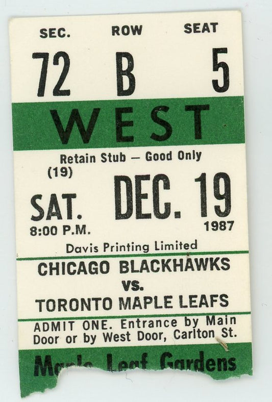 Chicago Blackhawks vs. Toronto Maple Leafs Vintage Ticket Stub Maple Leaf Gardens 1987