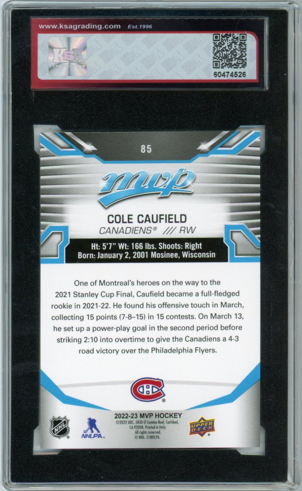 2022/23 Upper Deck Extended Cole Caufield Graded Hockey Card #85 KSA 8.5