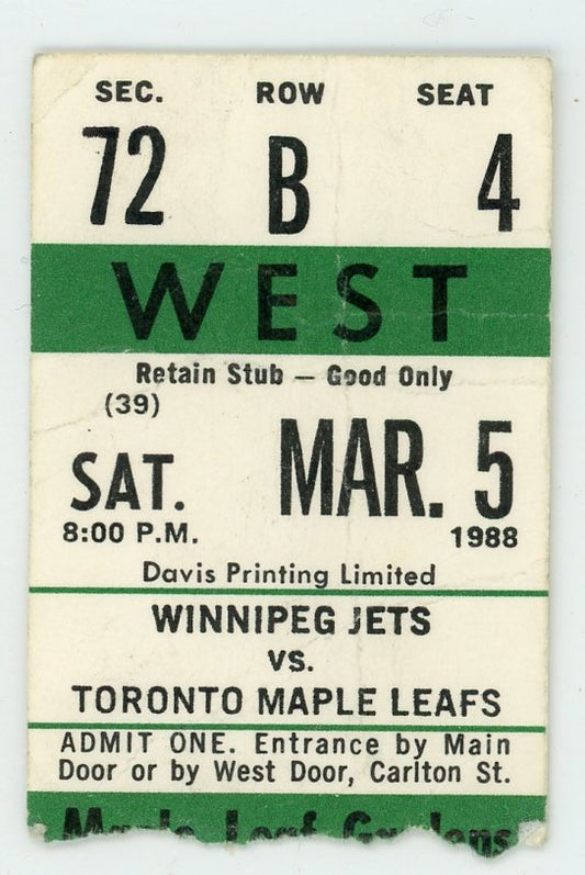 Winnipeg Jets vs. Toronto Maple Leafs Vintage Ticket Stub Maple Leaf Gardens 1988