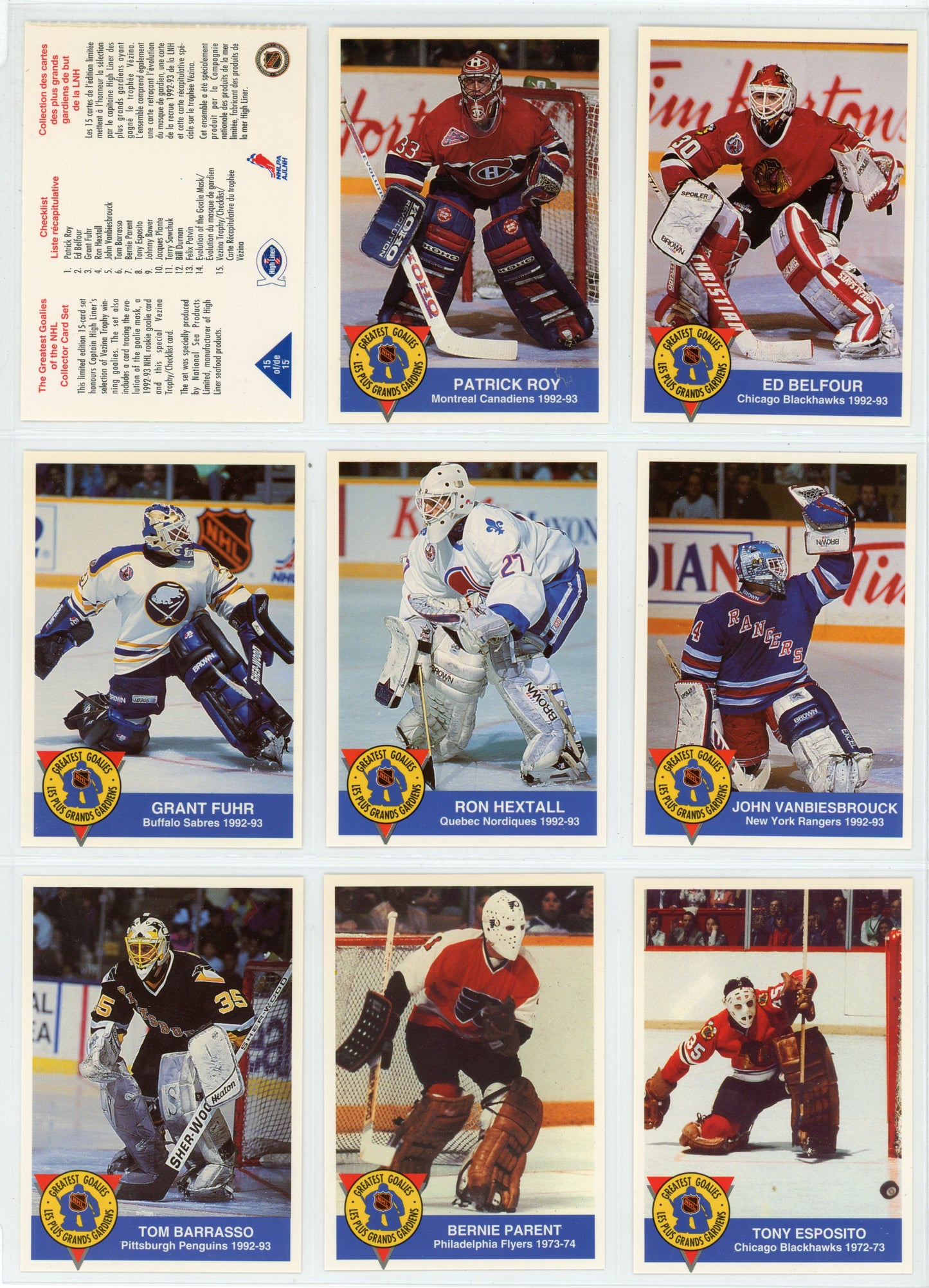 1993 High Liner Greatest Goalies NHL Hockey Card Complete Set (15 Cards)