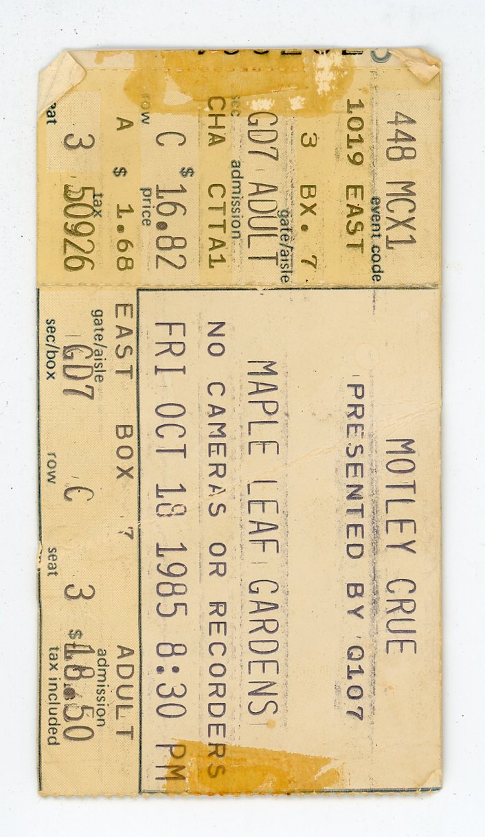Motley Crue Vintage Concert Ticket Stub Maple Leaf Gardens (Toronto, 1985)