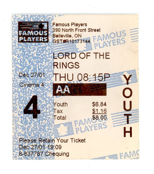 Lord of the Rings Youth Movie Ticket Stub Famous Players (Belleville, 2001)