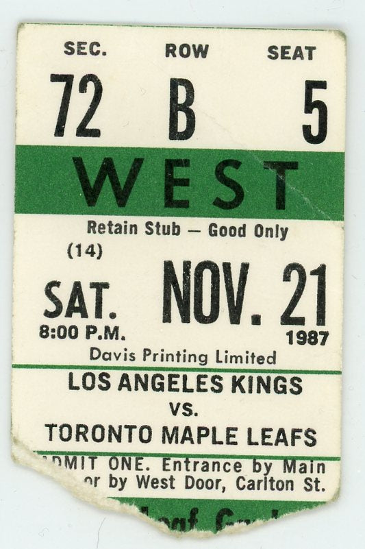 Los Angeles Kings vs. Toronto Maple Leafs Vintage Ticket Stub Maple Leaf Gardens 1987