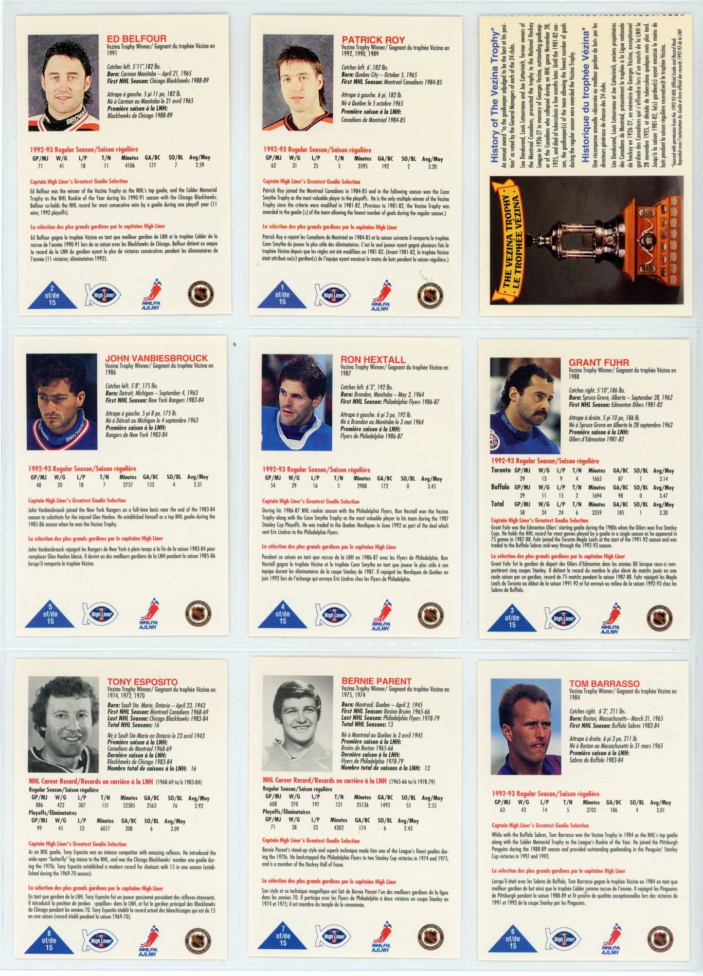 1993 High Liner Greatest Goalies NHL Hockey Card Complete Set (15 Cards)
