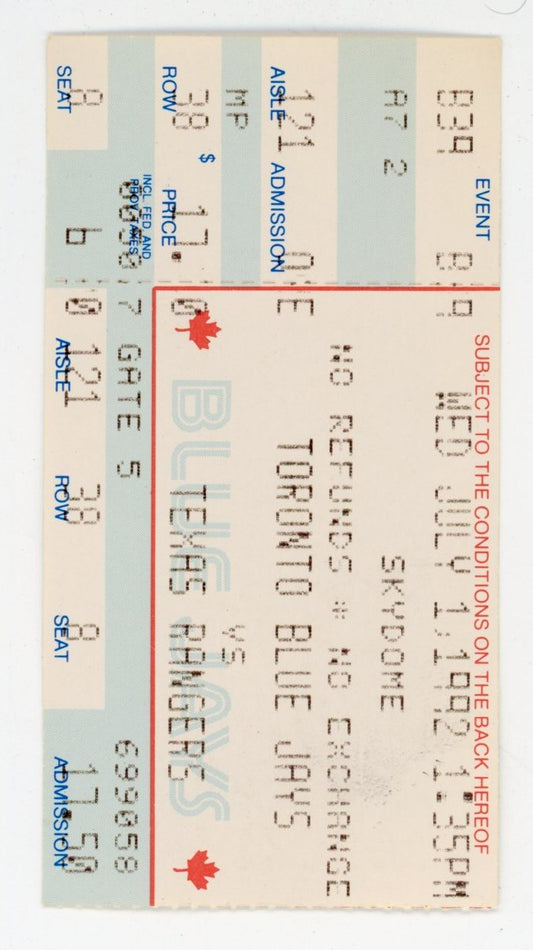 Toronto Blue Jays vs. Texas Rangers Vintage Ticket Stub Skydome (Toronto, 1992)