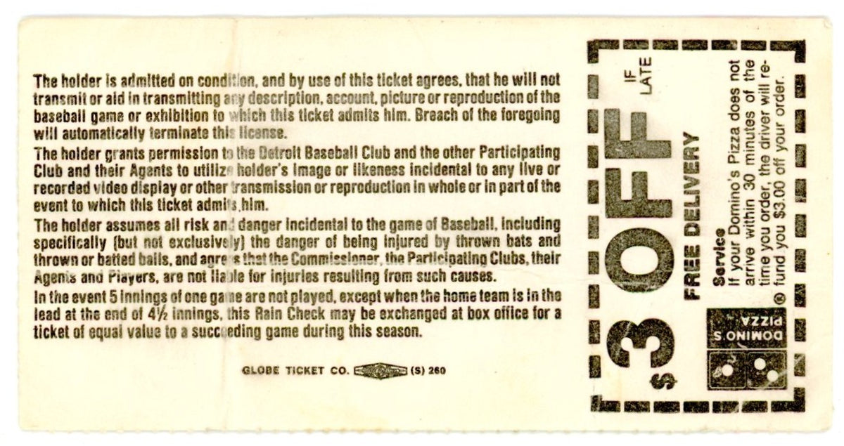 Detroit Tigers vs. Toronto Blue Jays Vintage Ticket Stub Tiger Stadium (Detroit, October 4 1987) Playoff Clinch