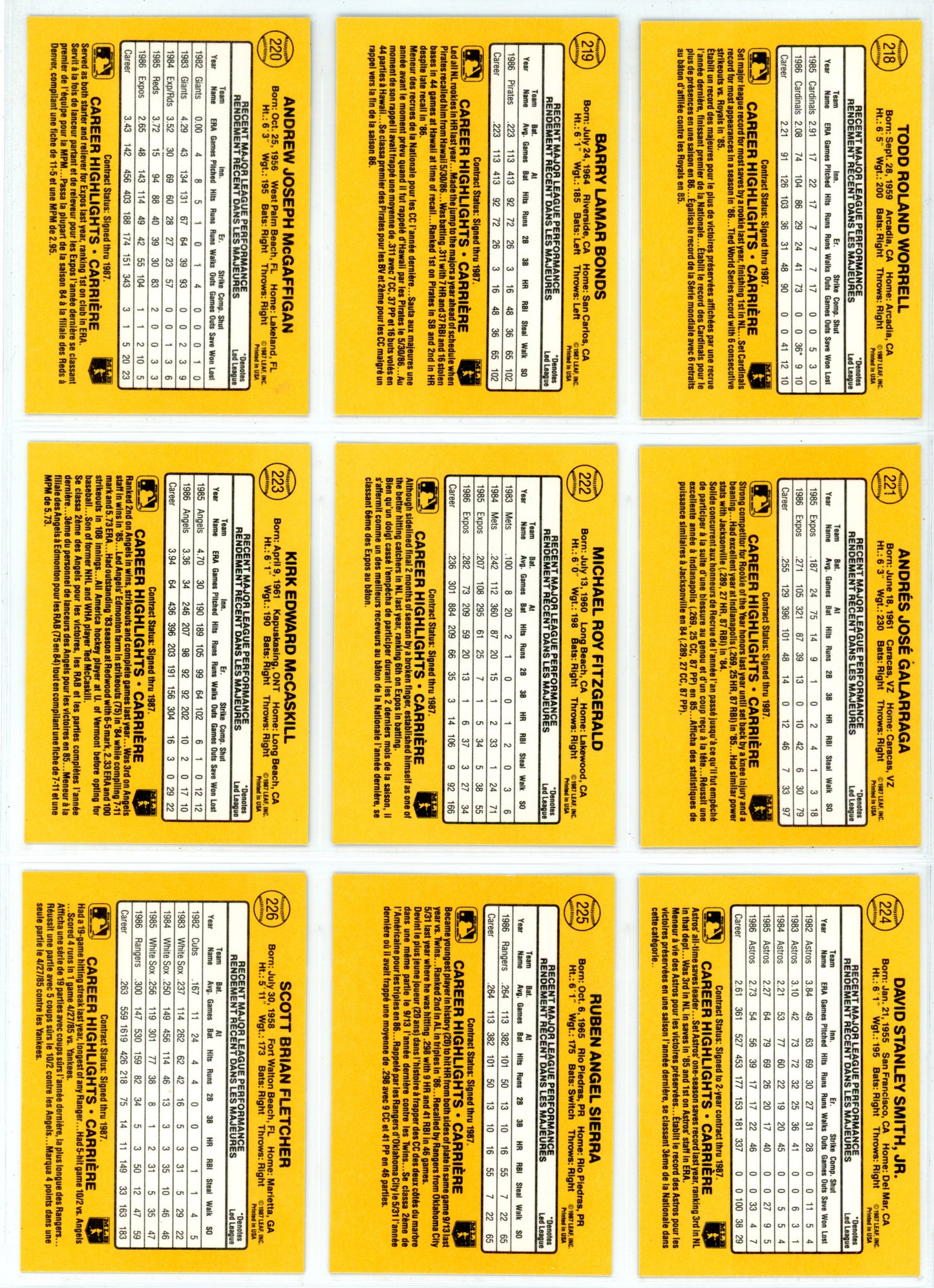 1987 Leaf Baseball Card Complete Set (264 Cards) + Roberto Clemente Puzzle Maddux, Bo Jackson Rookie High Grade!
