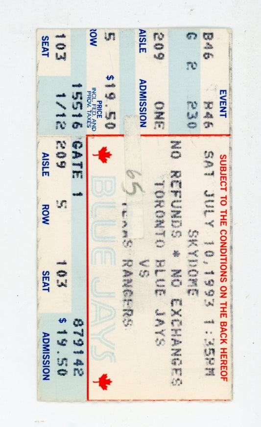 Toronto Blue Jays vs. Texas Rangers Vintage Ticket Stub Skydome (Toronto, 1993)