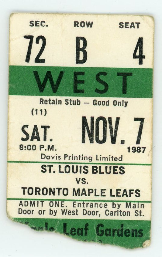 St. Louis Blues vs. Toronto Maple Leafs Vintage Ticket Stub Maple Leaf Gardens 1987