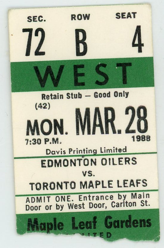 Edmonton Oilers vs. Toronto Maple Leafs Vintage Ticket Stub Maple Leaf Gardens 1988