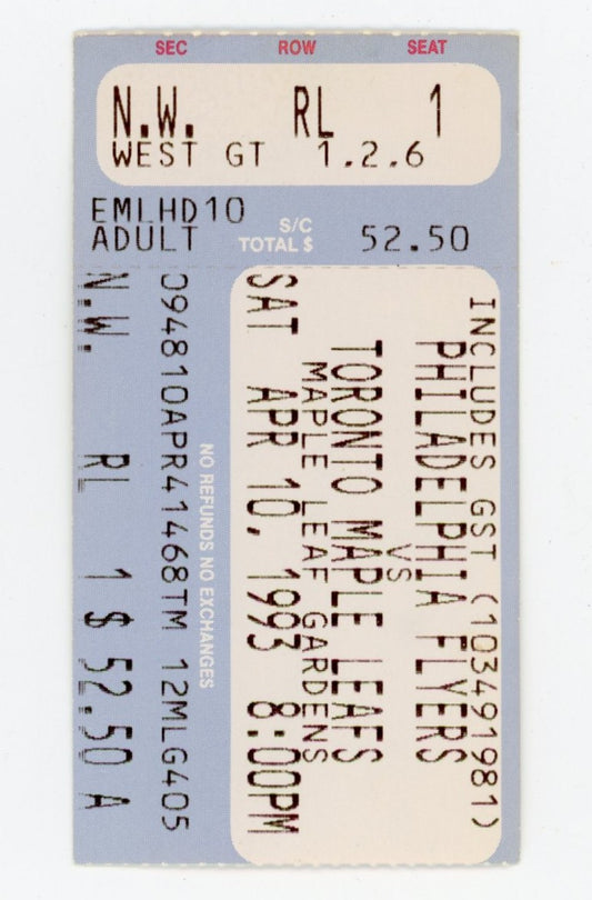 Philadelphia Flyers vs. Toronto Vintage Ticket Stub Maple Leaf Gardens (Toronto, 1993) Eric Lindros