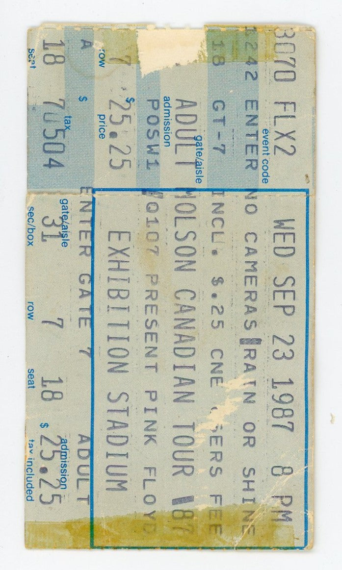 Pink Floyd Vintage Concert Ticket Stub Exhibition Stadium (Toronto, 1987)