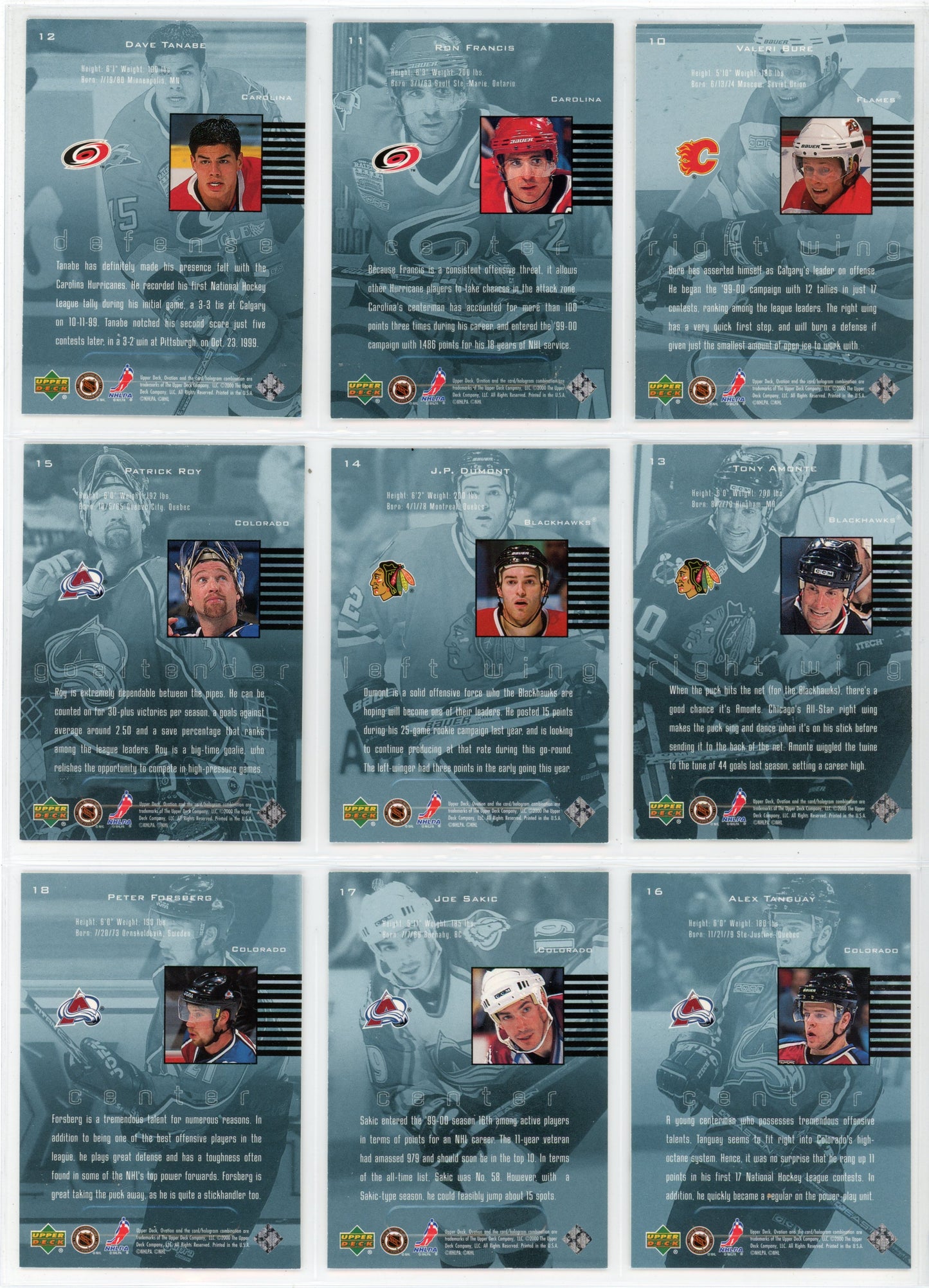 1999/2000 Upper Deck Standing Ovation NHL Hockey Card Short Set (60 Cards)