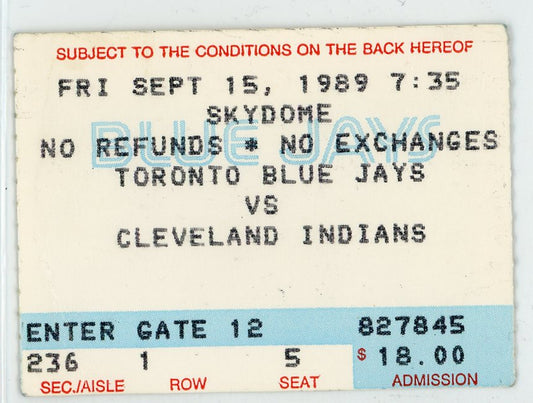 Toronto Blue Jays vs. Cleveland Indians Vintage Ticket Toronto Skydome 1989