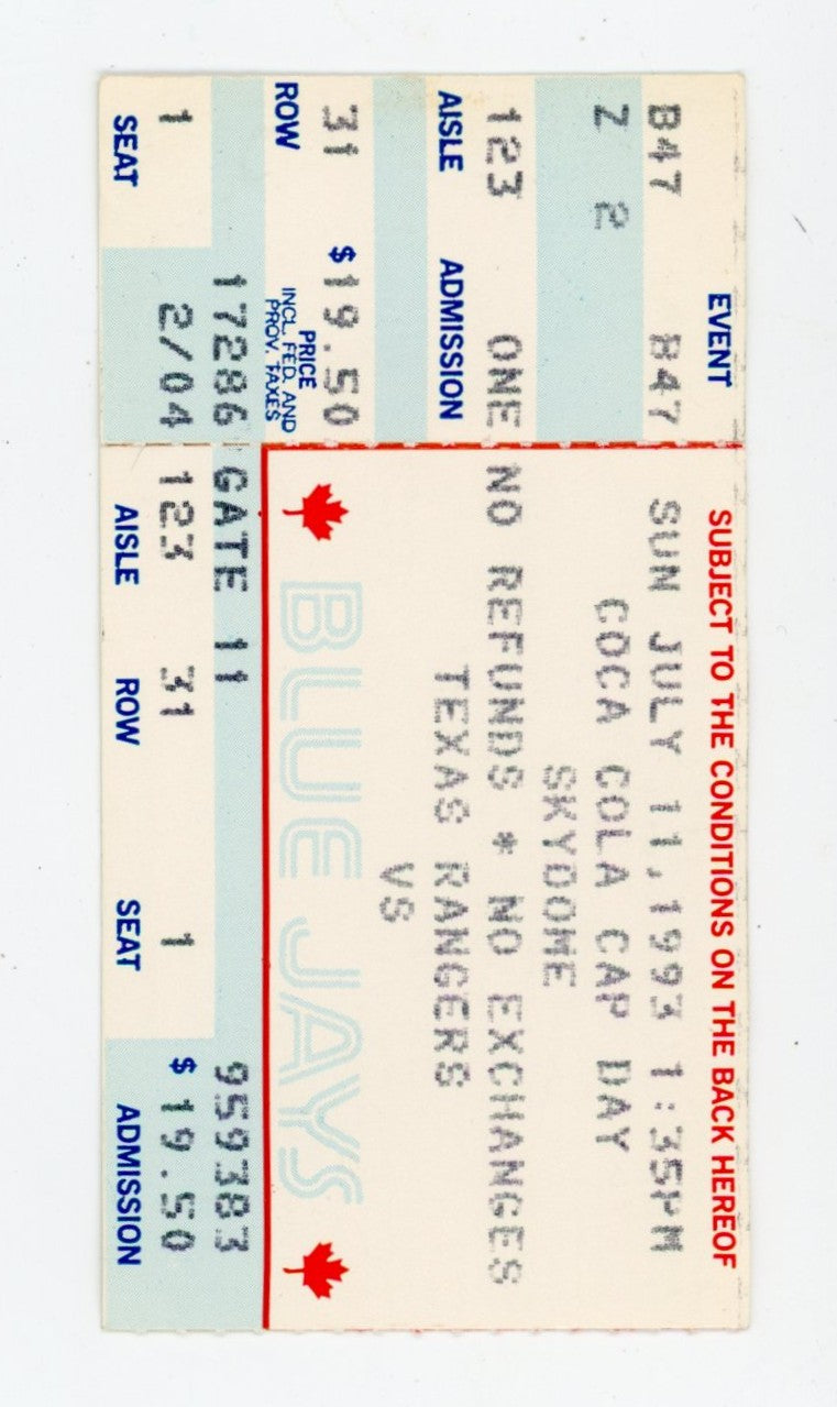 Toronto Blue Jays vs. Texas Rangers Coca-Cola Cap Day Vintage Ticket Skydome (Toronto, 1993)