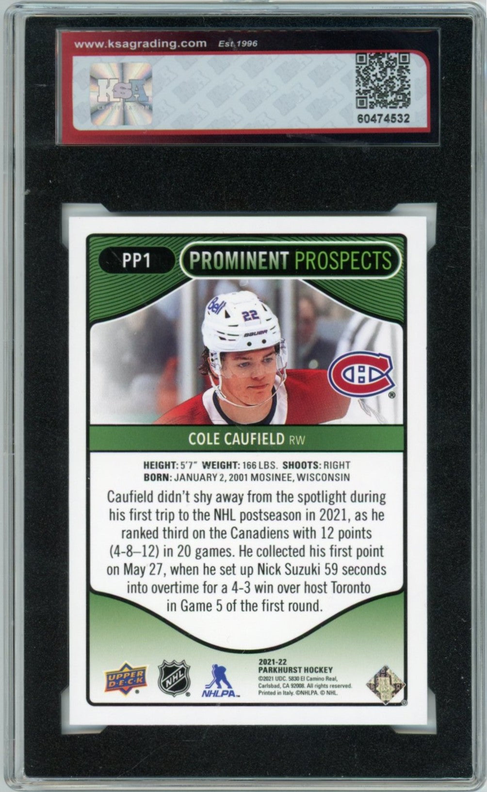 2021/22 Parkhurst Cole Caufield Prominent Prospects Graded Rookie Card #PP1 KSA 8.5