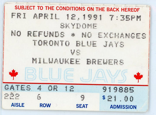 Toronto Blue Jays vs. Milwaukee Brewers Vintage Ticket Toronto Skydome 1991