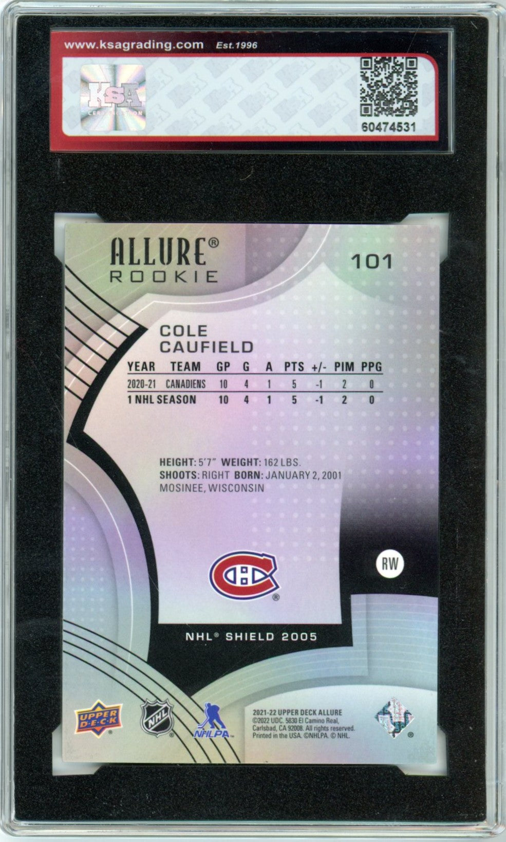 2021/22 Upper Deck Allure Cole Caufield '05 Shield Graded Rookie Card #101 KSA 10