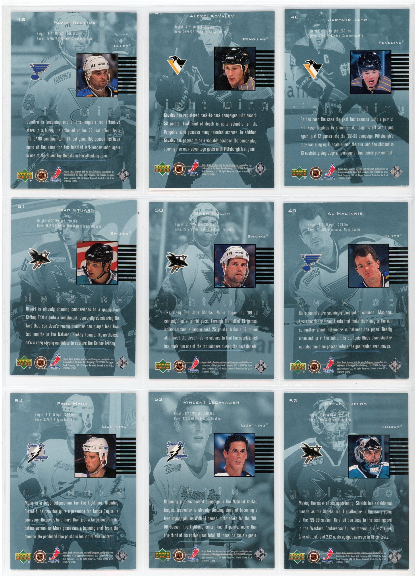 1999/2000 Upper Deck Standing Ovation NHL Hockey Card Short Set (60 Cards)