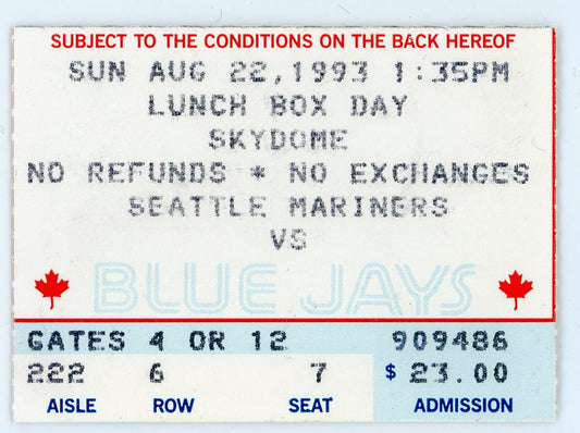 Seattle Mariners Toronto Blue Jays Vintage Ticket Toronto Skydome 1993 Ken Griffey Jr