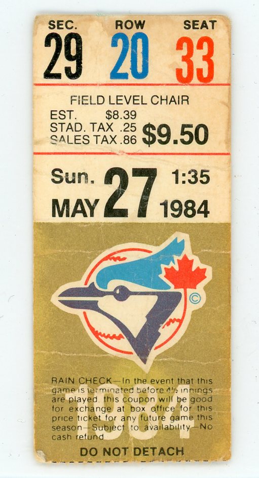 Toronto Blue Jays VS Indians Vintage Ticket Exhibition Stadium 1984