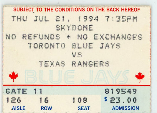 Toronto Blue Jays vs. Texas Rangers Vintage Ticket Skydome 1994