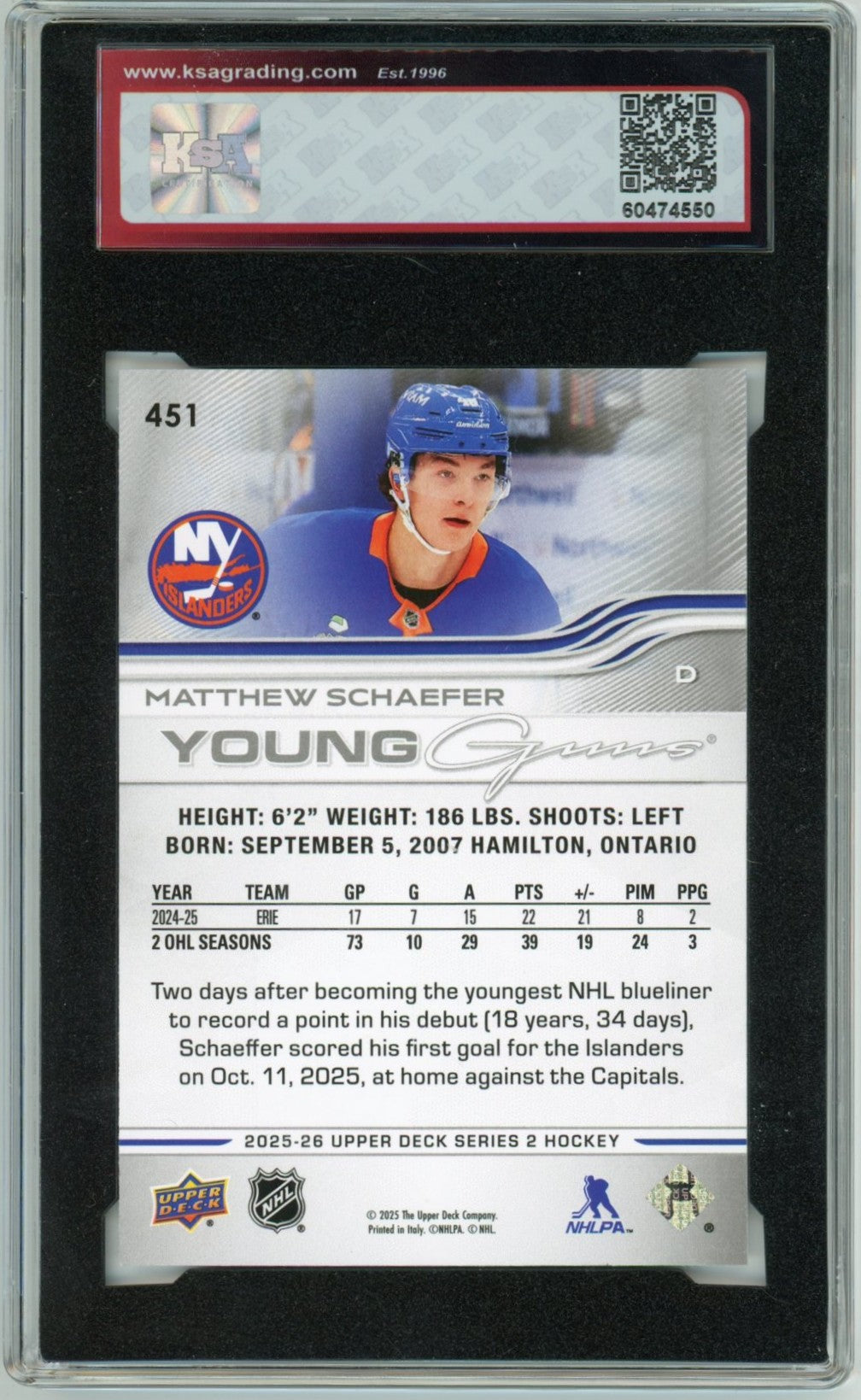 2025/26 Upper Deck Matthew Schaeffer Graded Young Guns Rookie Card #451 KSA 9.5