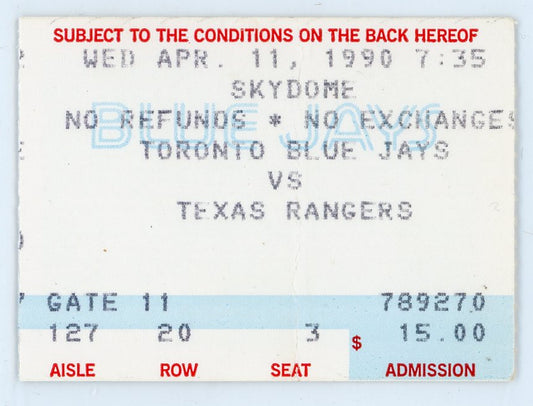 Toronto Blue Jays vs. Texas Rangers Vintage Ticket Skydome 1990