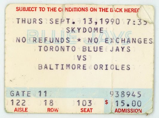 Toronto Blue Jays vs. Baltimore Orioles Vintage Ticket Toronto Skydome 1990