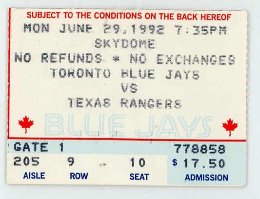 Toronto Blue Jays vs. Texas Rangers Vintage Ticket Skydome 1992