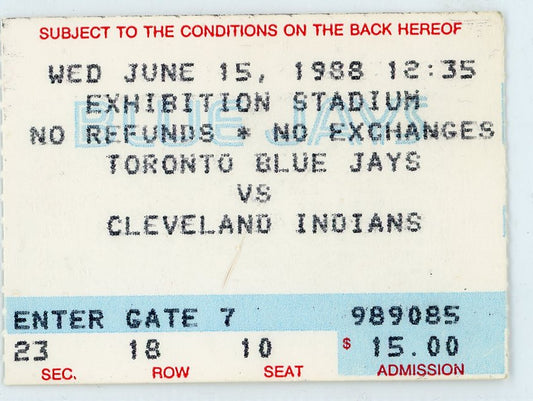 Toronto Blue Jays vs. Cleveland Indians Vintage Ticket Toronto Skydome 1988