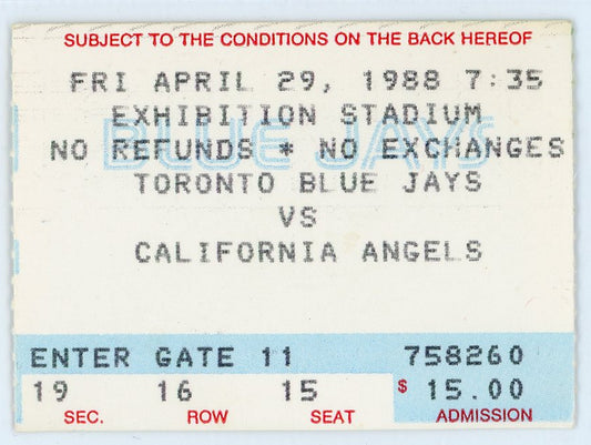 Toronto Blue Jays vs. California Angels Vintage Ticket Toronto Skydome 1988