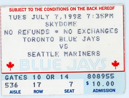 Toronto Blue Jays vs. Seattle Mariners Vintage Ticket Skydome 1992 Griffey Jr