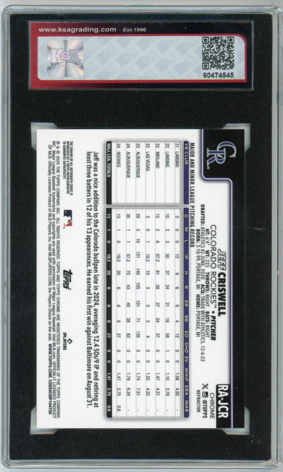 2025 Topps Chrome Jeff Criswell Refractor Graded Rookie Autograph Card #RA-JCR /499 KSA 9 AUTO 10