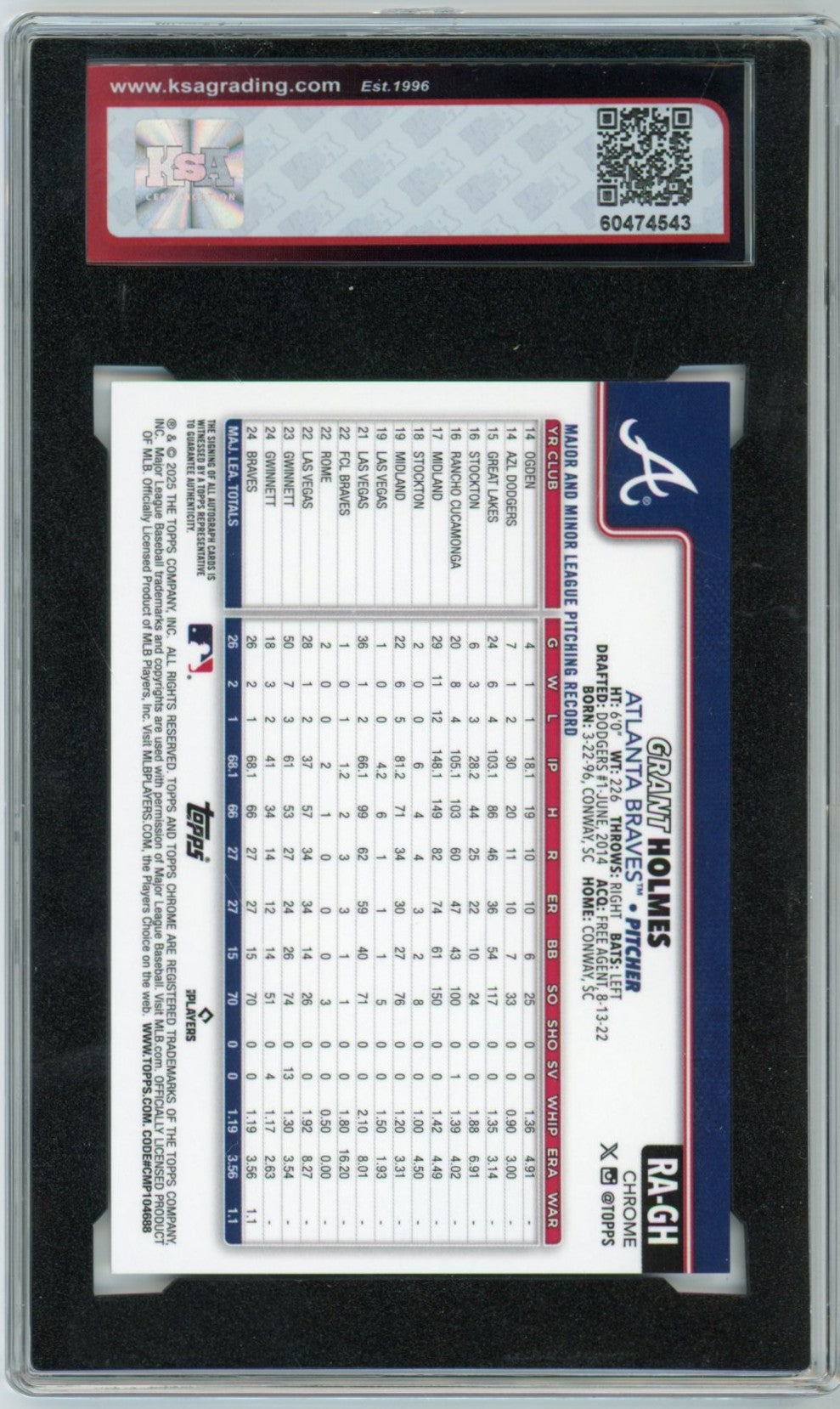 2025 Topps Chrome Grant Holmes Graded Rookie Autograph Card #RA-GH KSA 8.5 AUTO 10
