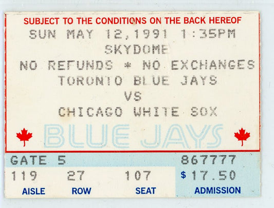 Toronto Blue Jays vs. Chicago White Sox Vintage Ticket Skydome 1991 Frank Thomas