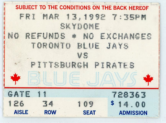 Toronto Blue Jays vs. Pittsburgh Pirates Vintage Ticket Toronto Skydome 1992