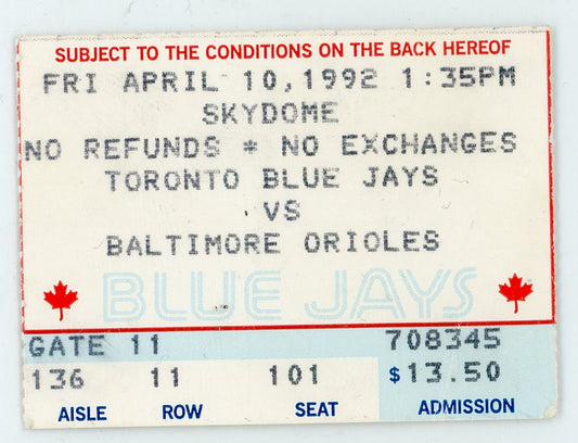 Toronto Blue Jays vs. Baltimore Orioles Vintage Ticket Toronto Skydome 1992