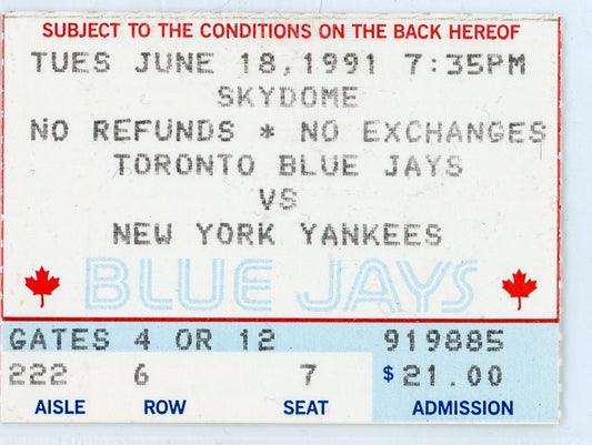 Toronto Blue Jays vs. New York Yankees Ticket Toronto Skydome 1991